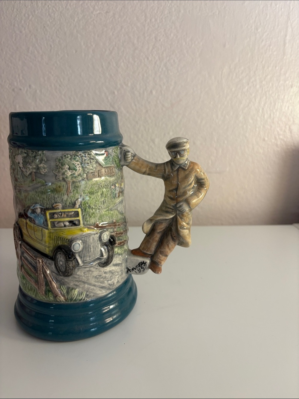 Vintage-Style Ceramic Beer Stein in Teal and Yellow